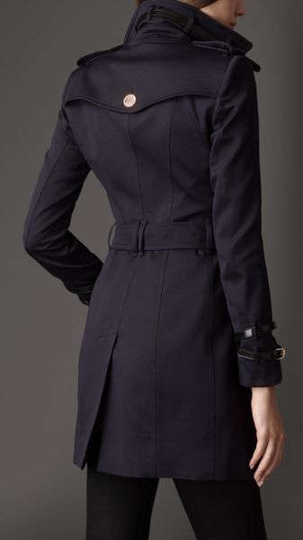 Burberry Midlength Leather Detail Faille Trench Coat in Blue (deep navy ...