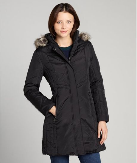 Anne Klein Black Quilted Down Filled Coat with Faux Fur Trimmed Hood in ...