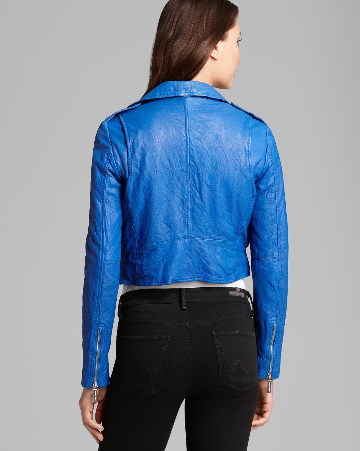 MICHAEL Michael Kors Cropped Leather Moto Jacket in Blue - Lyst