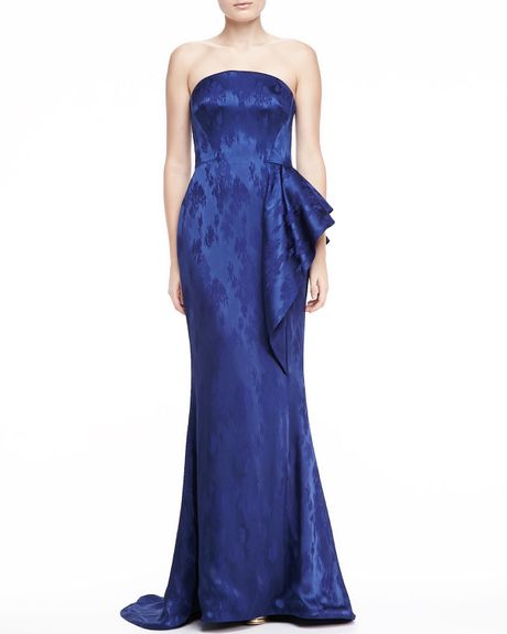 Pamella Roland Strapless Mermaid Jacquard Gown in Blue (NAVY) | Lyst