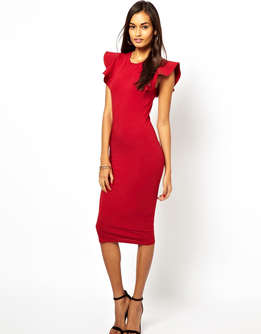 ASOS Body-Conscious Dress With Structured Ruffle Sleeve in Red - Lyst