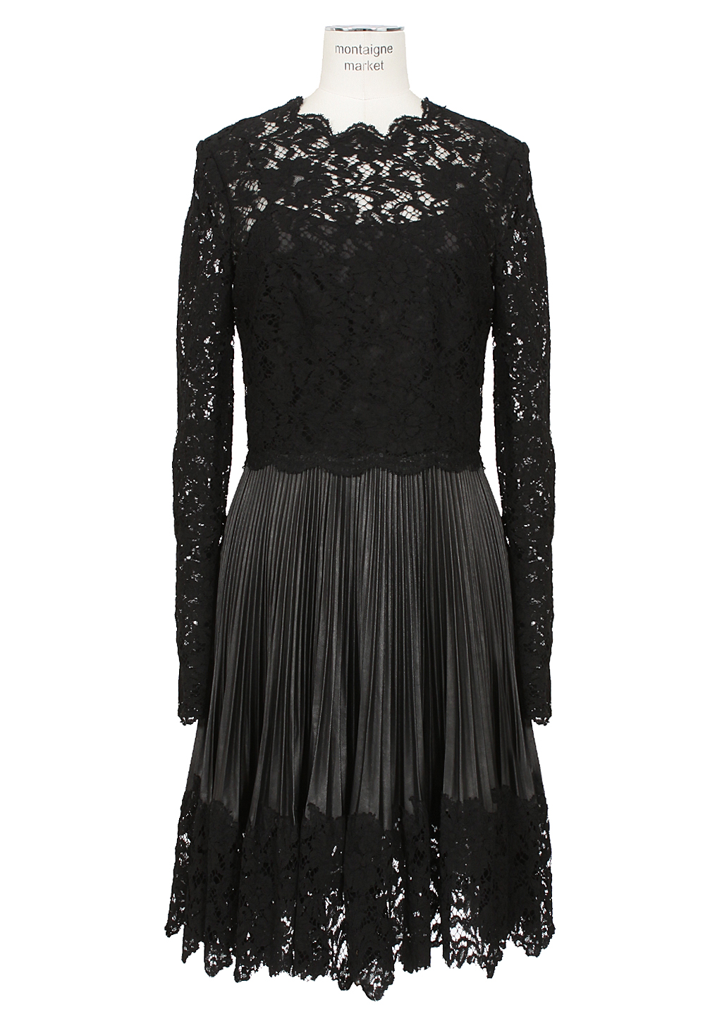 Valentino Pleated Leather and Lace Dress in Black | Lyst
