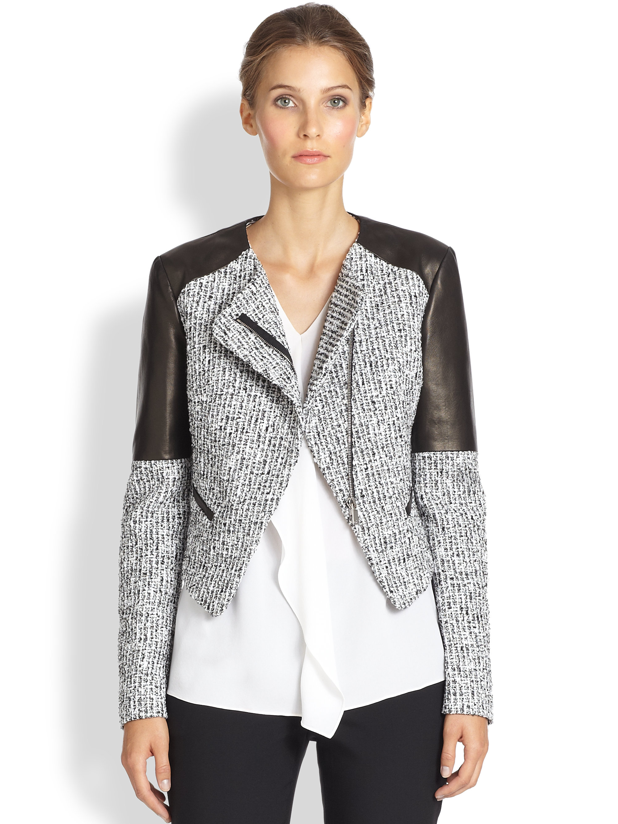 Michael kors Tweed Leather Jacket in White | Lyst