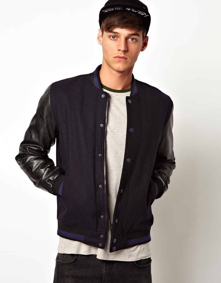 Lyst - Forever Unique Asos Wool Bomber Jacket with Faux Leather Sleeves ...