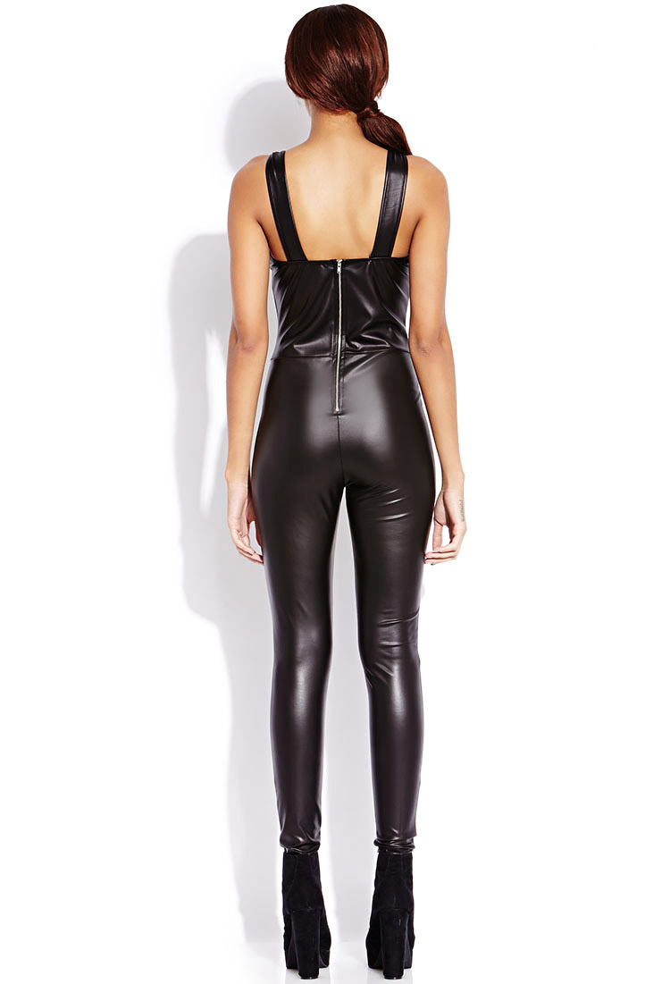 Lyst Forever 21 Be Seen Faux Leather Jumpsuit In Black
