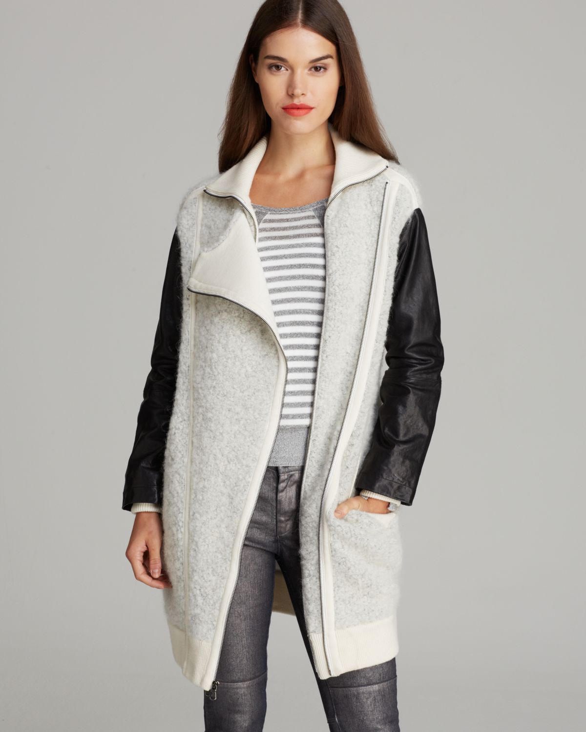 Lyst - Marc By Marc Jacobs Sweater Coat Nessi Leather Sleeve in Gray
