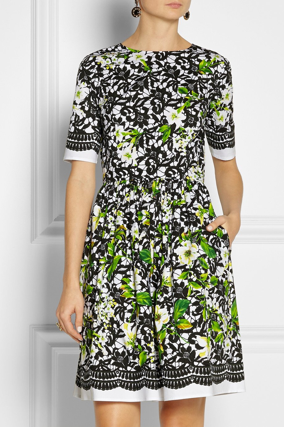 Oscar de la renta Printed Stretch Cotton Poplin Dress in Green | Lyst