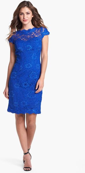 Ml Monique Lhuillier Lace Overlay Sheath Dress in Blue (Cobalt) | Lyst