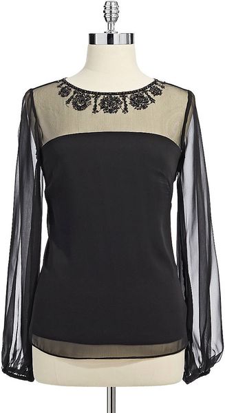 Adrianna Papell Illusion Beaded Blouse in Black | Lyst