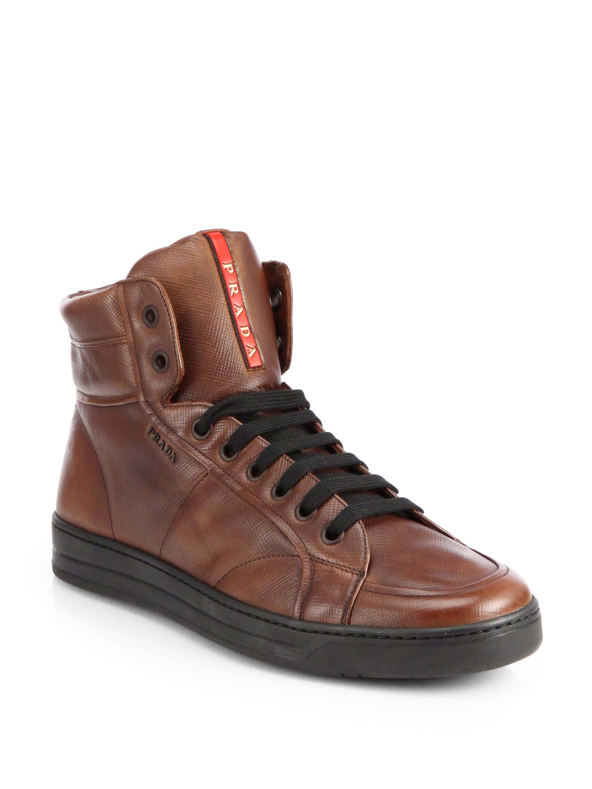 Lyst - Prada Leather Hightop Sneakers in Brown for Men