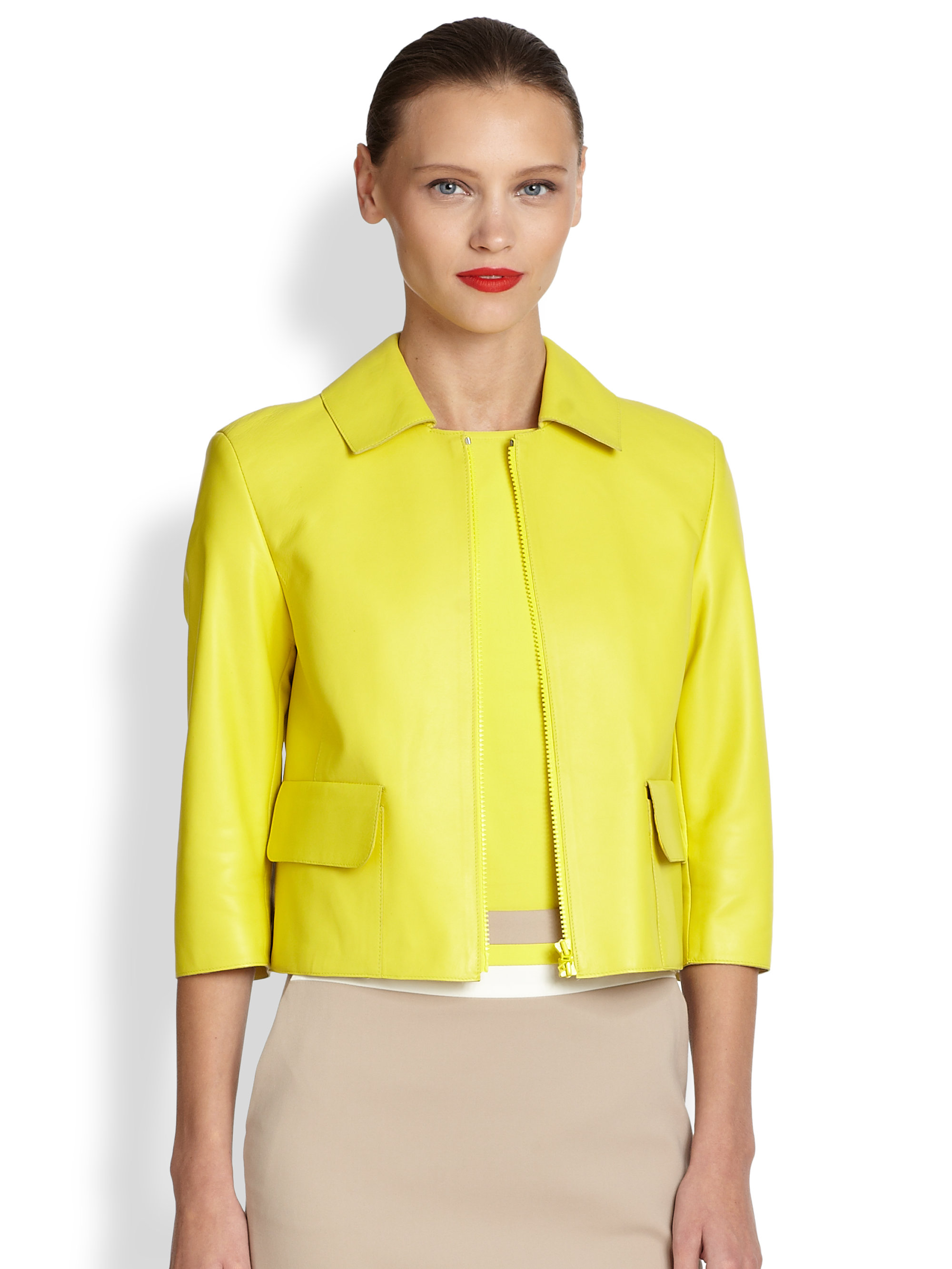Akris punto Cropped Leather Jacket in Yellow Lyst
