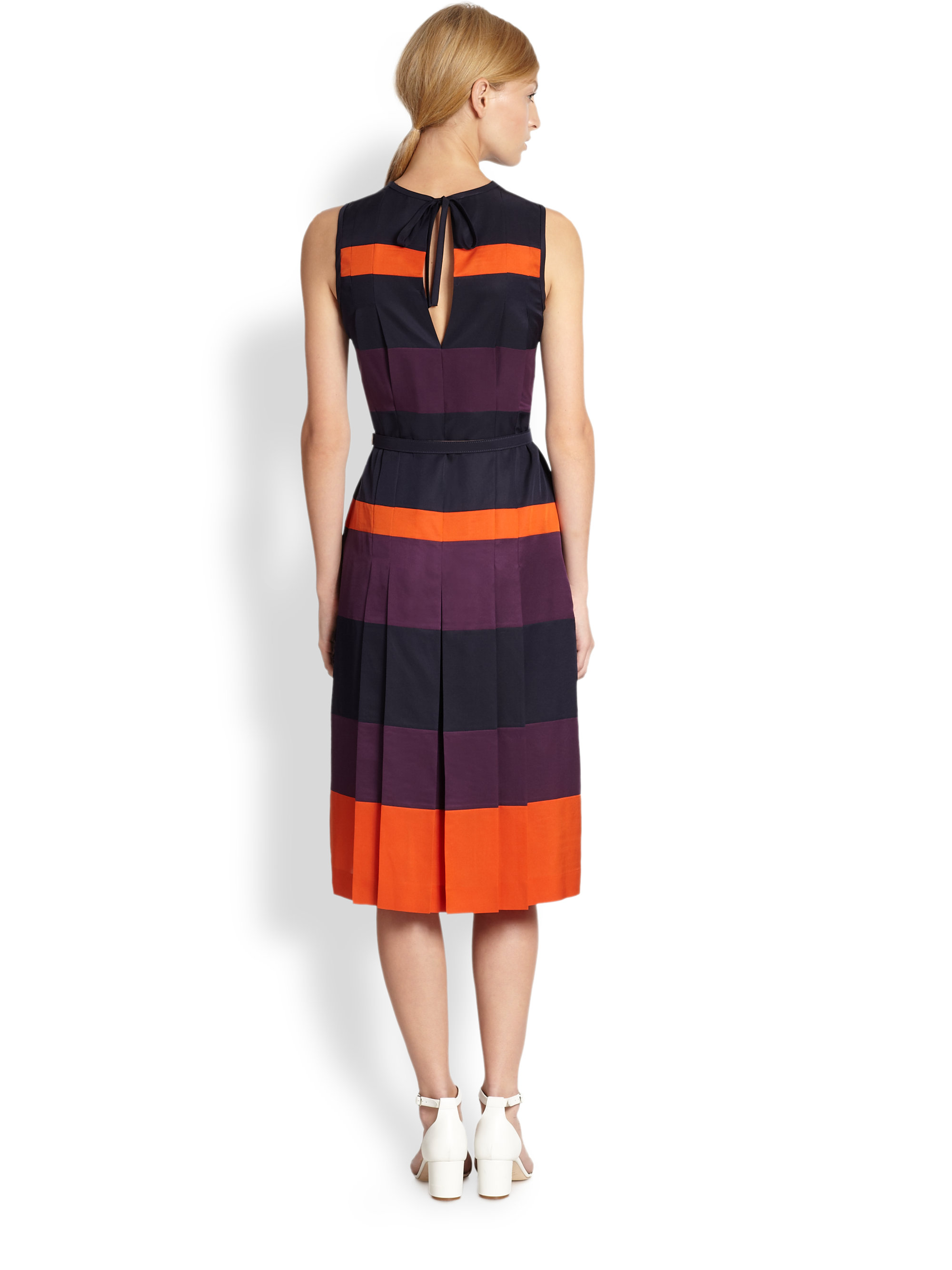 Rochas Pleated Silk Stripe Dress in Purple | Lyst