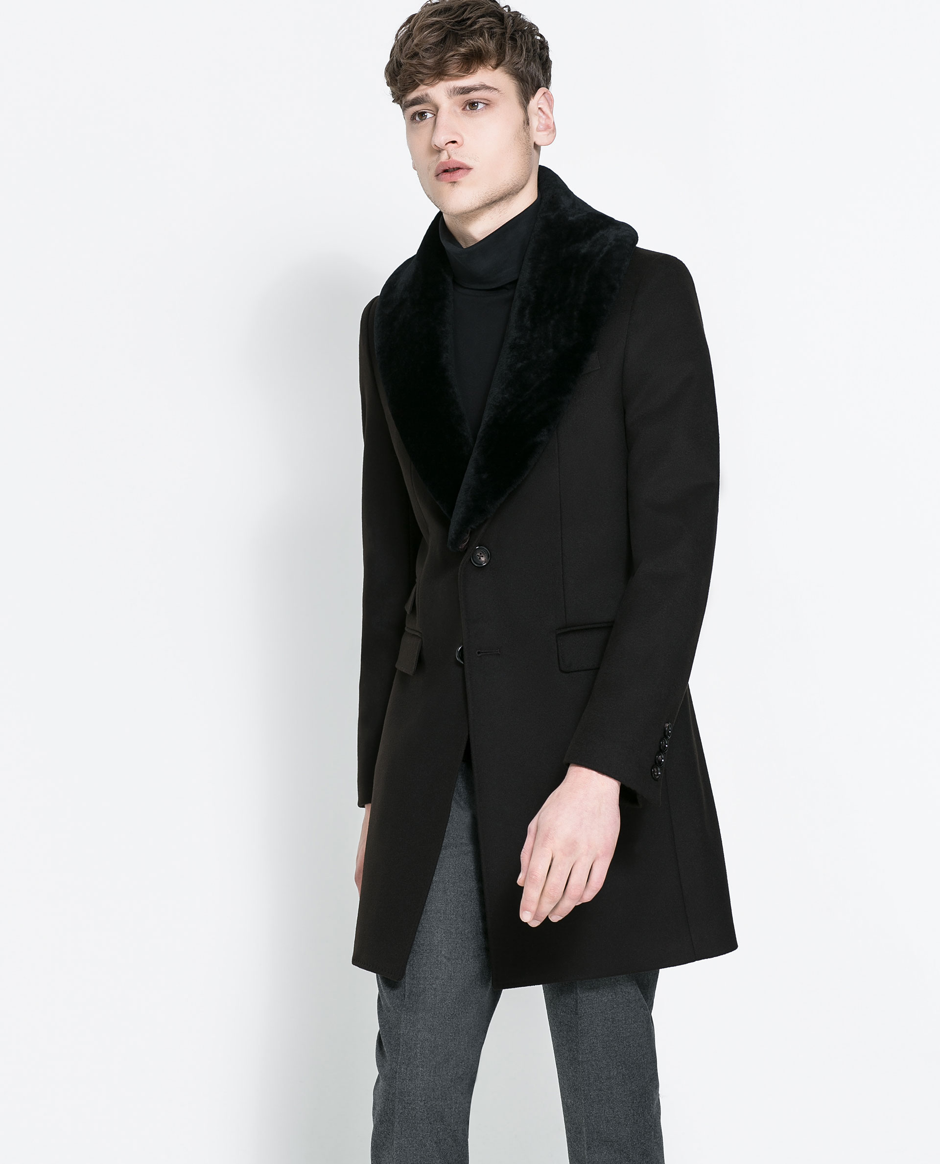 Zara пальто мужское с меховым воротником