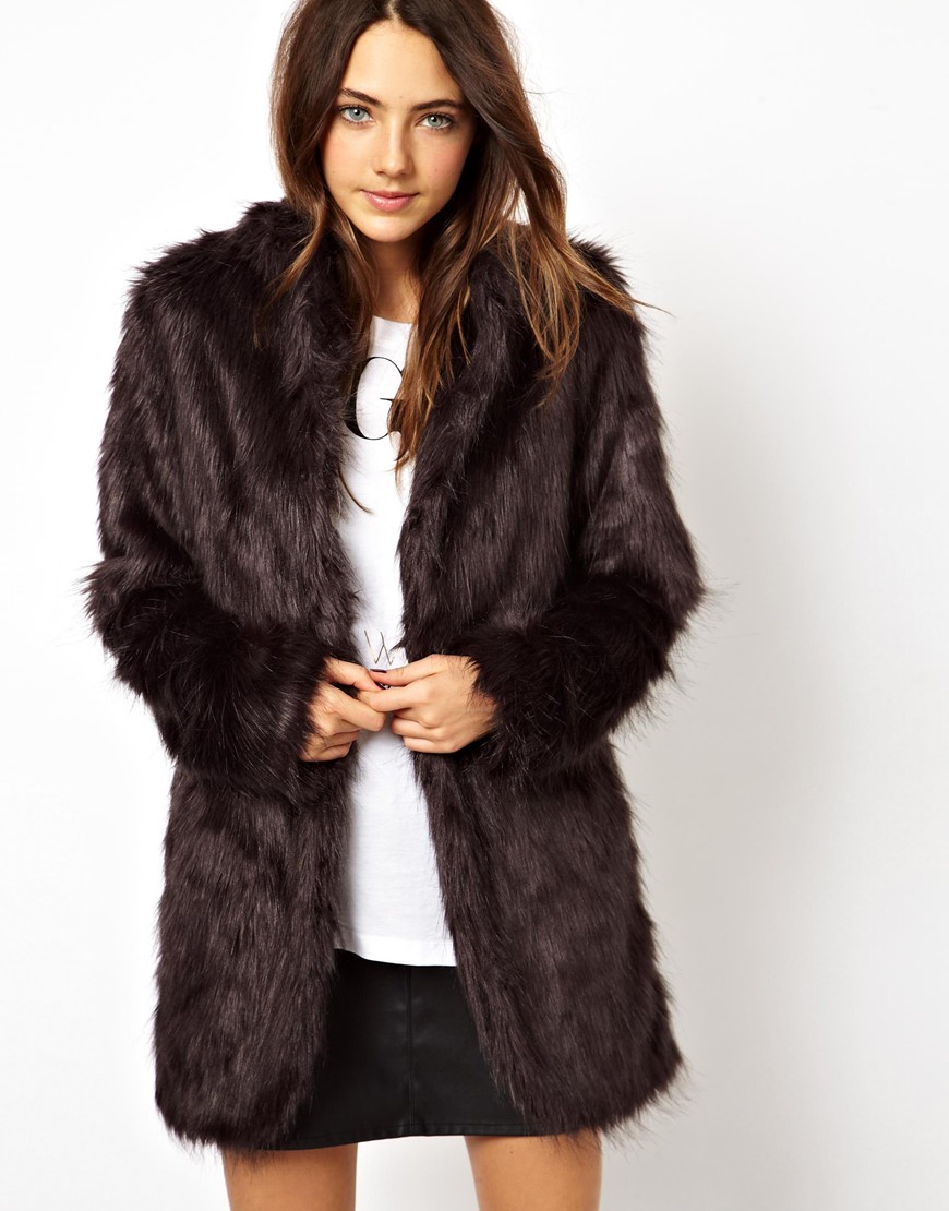 Lyst - Asos Longline Faux Fur Coat in Gray