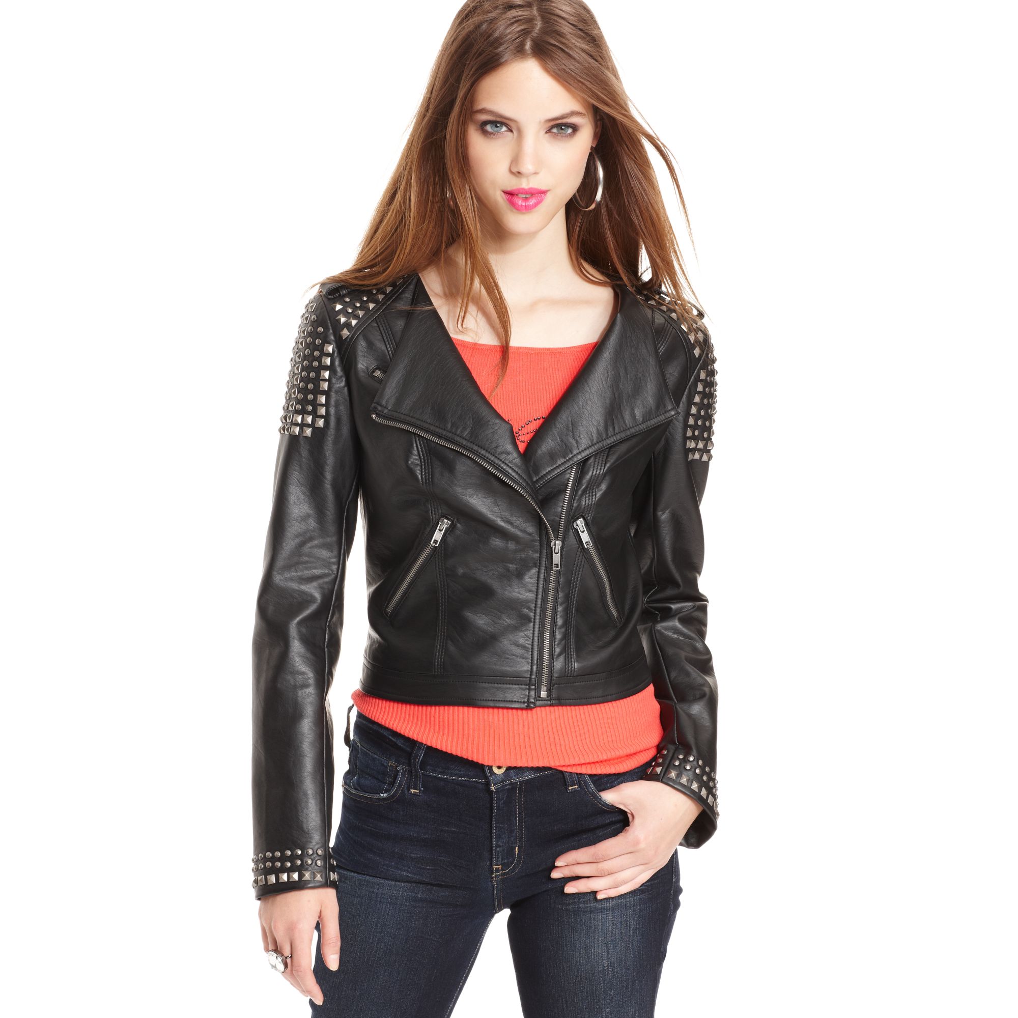 Guess Long Sleeve Studded Faux Leather Motorcycle Jacket In Black Gallery