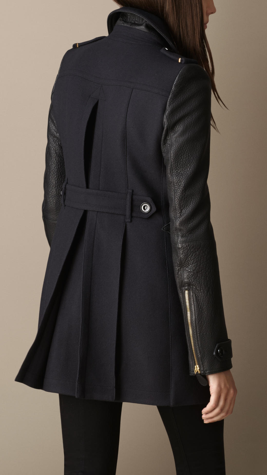 Lyst - Burberry Leather Sleeve Military Coat in Blue