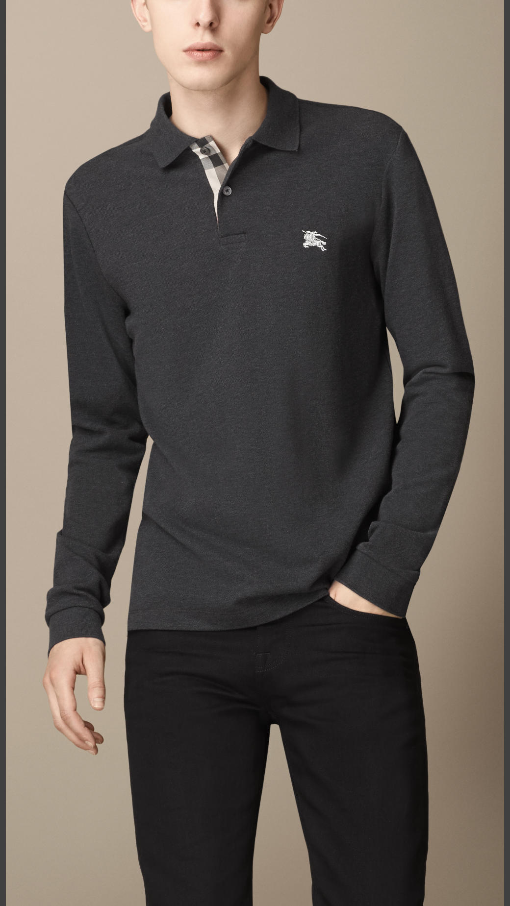 Burberry Long Sleeve Polo Shirt in Gray for Men (dark charcoal mel) | Lyst
