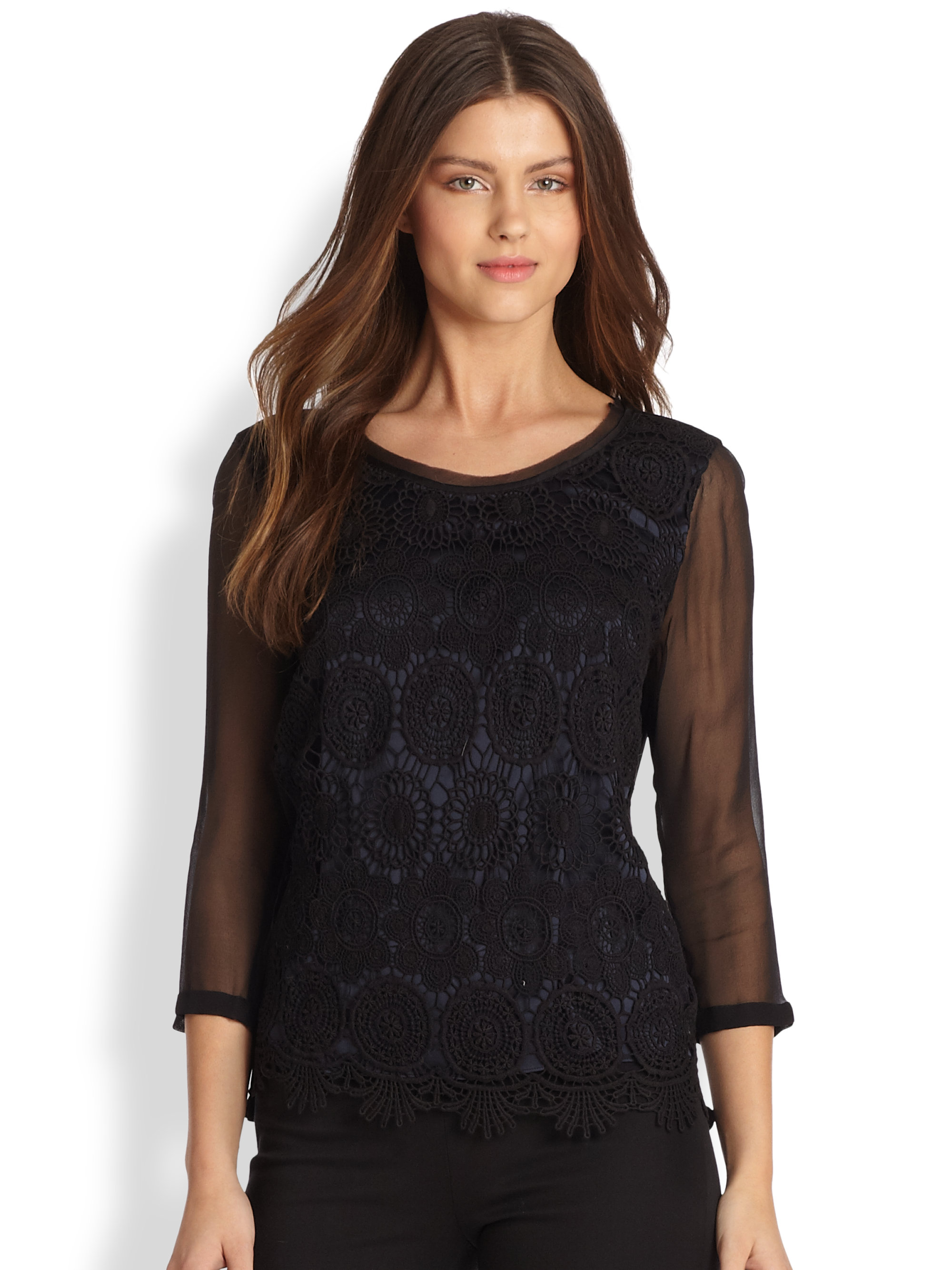 Lyst - Elie Tahari Enza Lace Silk Blouse in Black