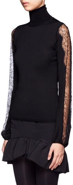 Emilio Pucci Lace Sleeve Turtleneck Sweater in Black | Lyst