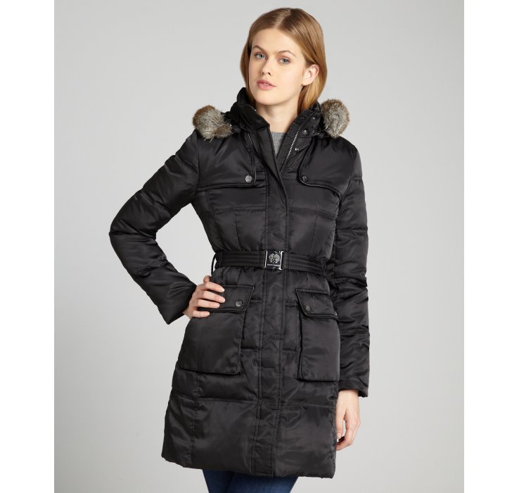 Lyst - Vince camuto Black Belted Three Quarter Coat With Down Fur ...