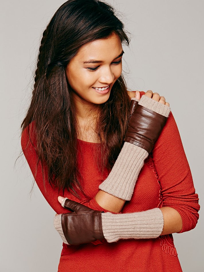 Free people Leather Knit Fingerless Gloves in Brown | Lyst