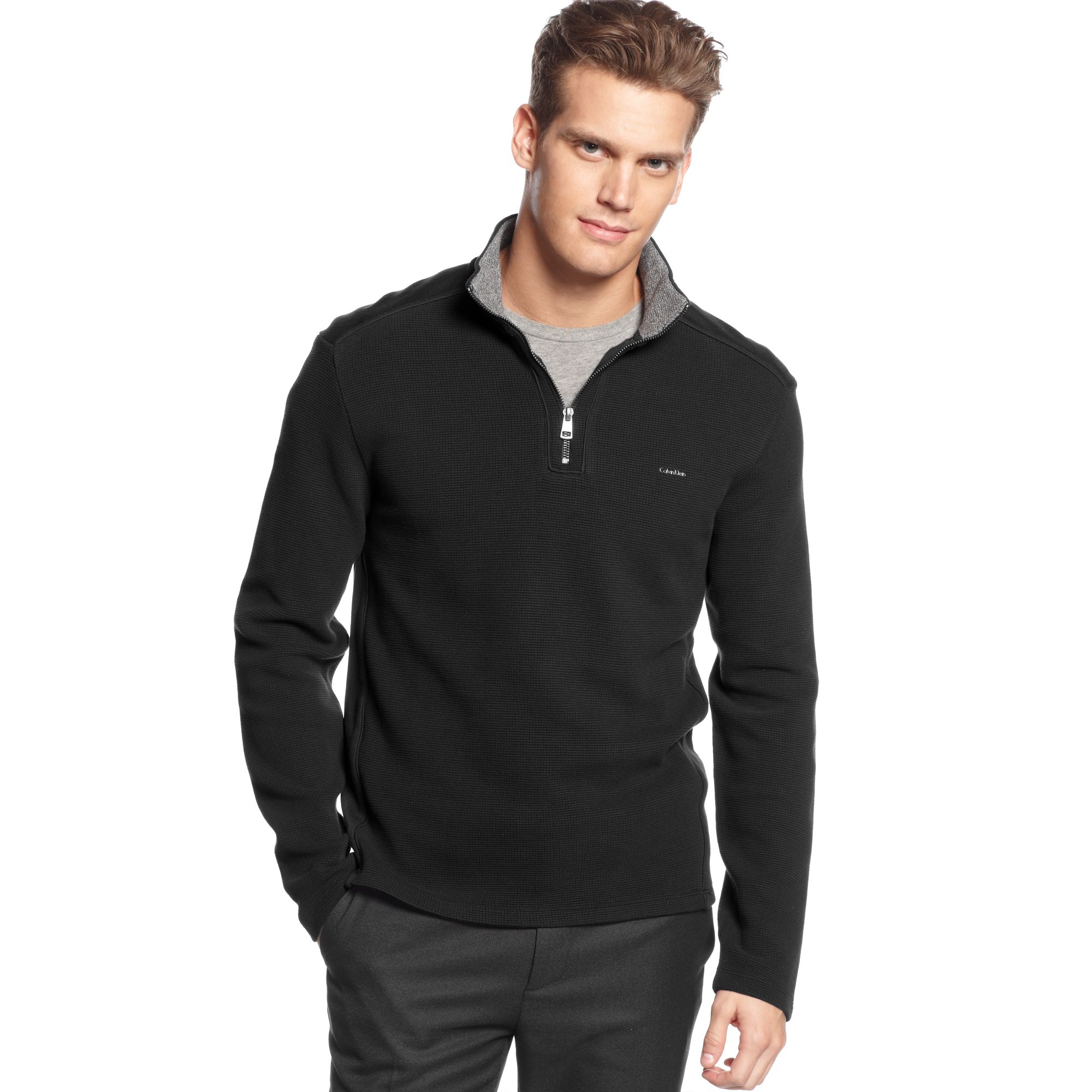 Calvin Klein Quarter Zip Jacquard Pullover Sweater In Black For Men Lyst