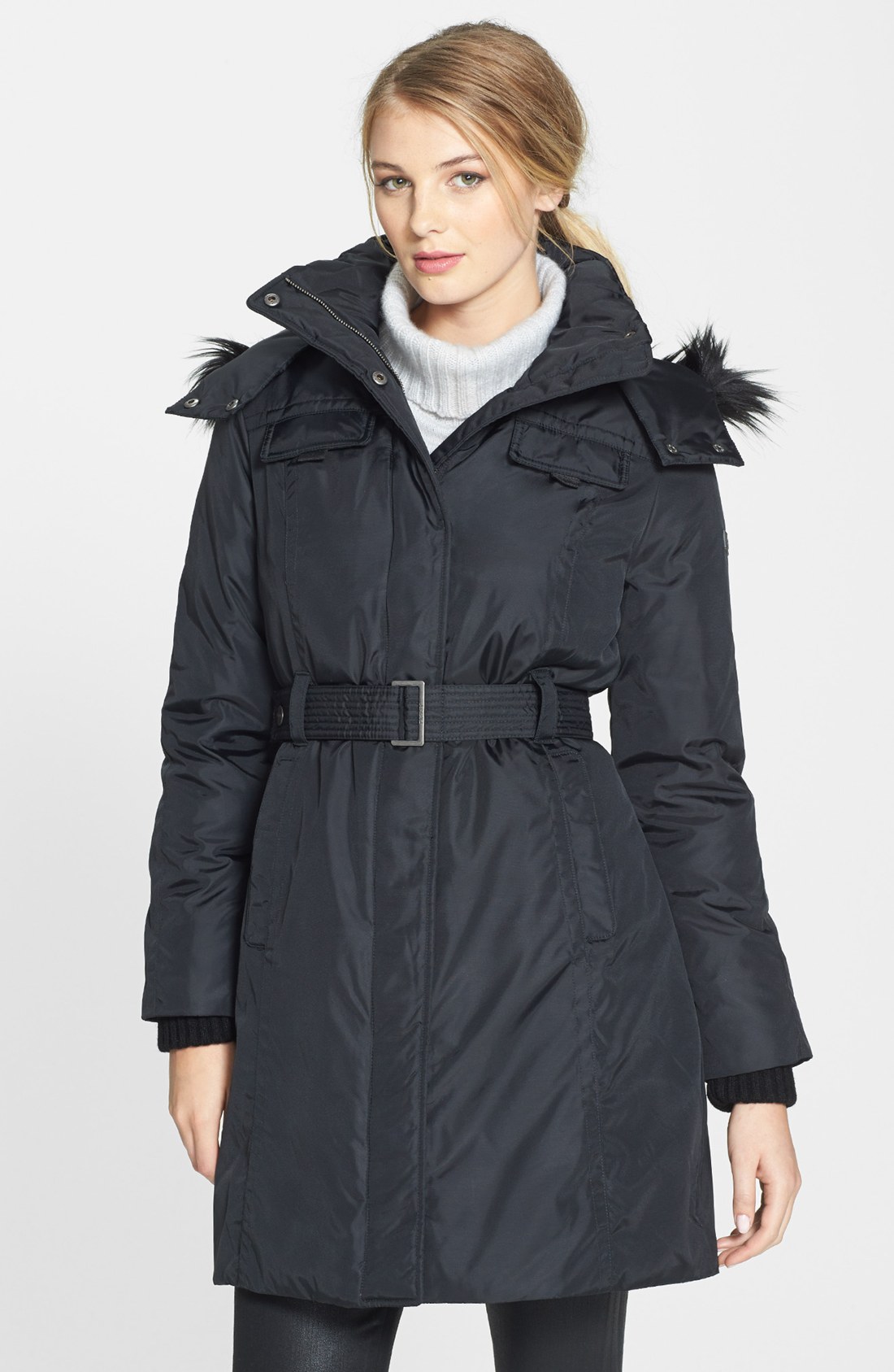 Dkny Faux Fur Trim Belted Down Feather Coat in Black | Lyst