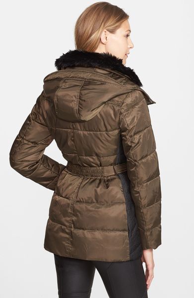 Vince Camuto Belted Puffer Coat with Faux Fur Collar in Brown (Olive ...