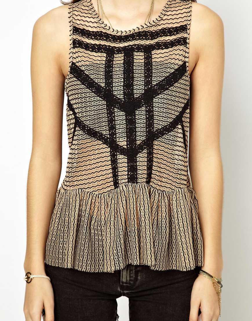Lyst - Free People Lace Stripe Peplum Top in Black