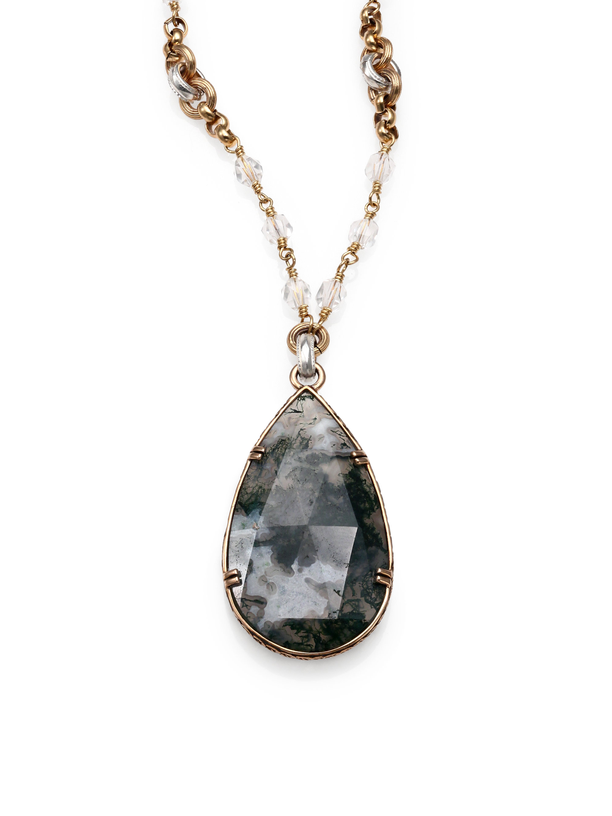 Lyst - Stephen Dweck Moss Agate Rock Crystal Bronze Teardrop Necklace ...