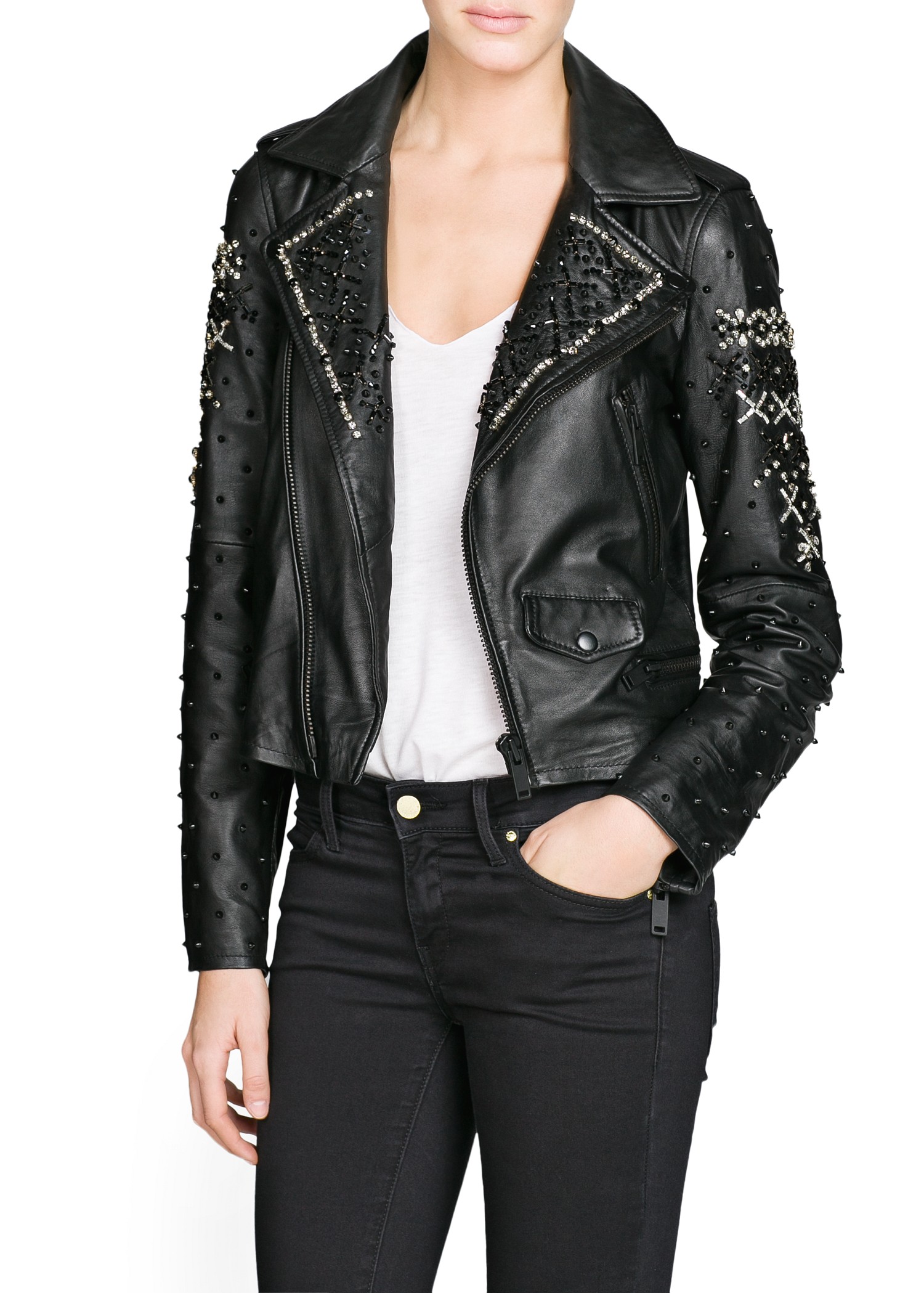 Mango Beaded Leather Biker Jacket in Black | Lyst