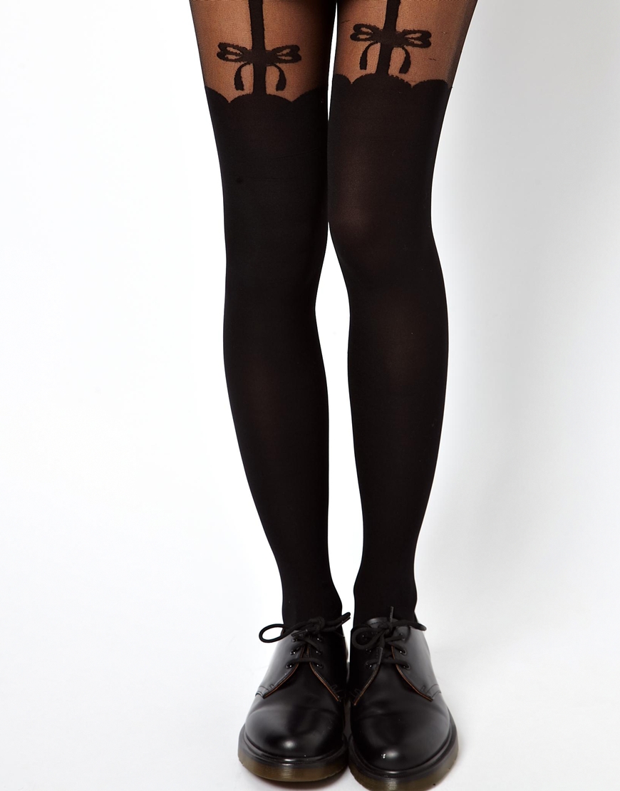 Lyst Asos Solid Bow Suspender Tights in Black