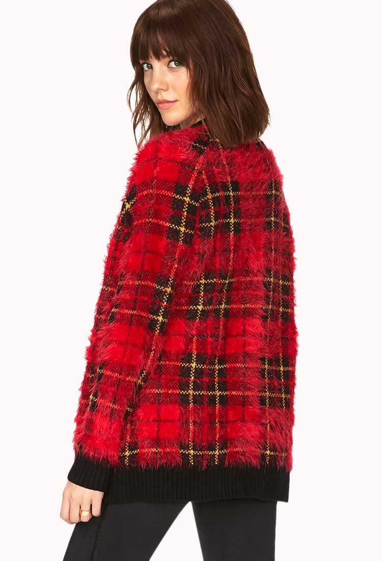 Lyst - Forever 21 Tartan Redux Shag Cardigan in Red