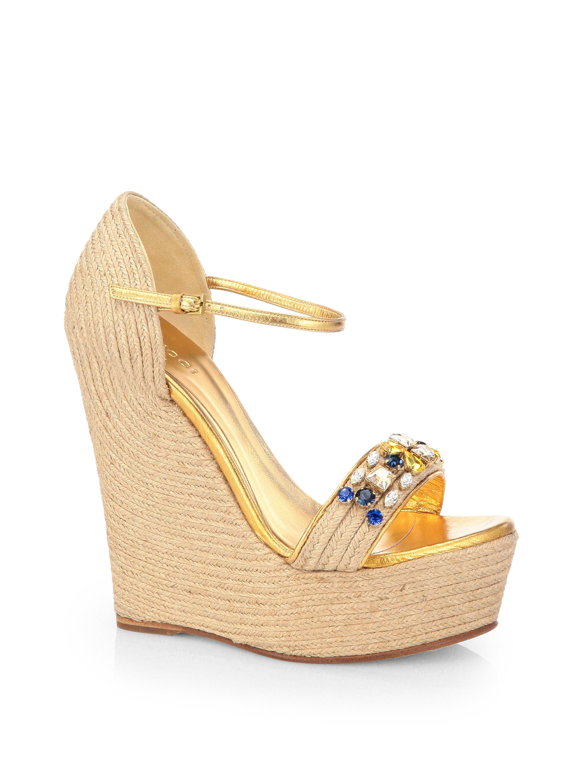 Gucci Jeweled Espadrille Wedge Sandals in Beige (NATURAL GOLD) | Lyst