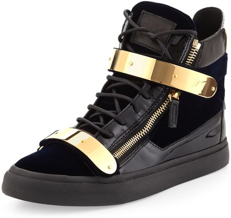 Giuseppe Zanotti Velvet Hitop Sneaker with Gold Strap Navy in Blue for ...