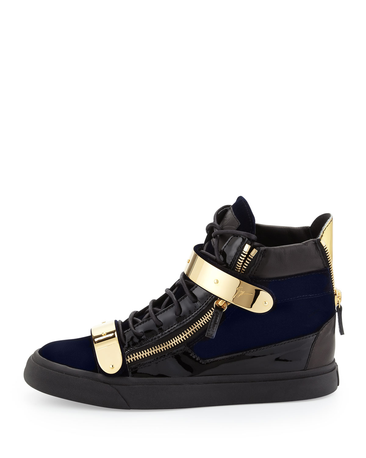 Giuseppe zanotti Velvet Hitop Sneaker with Gold Strap Navy in Blue for ...