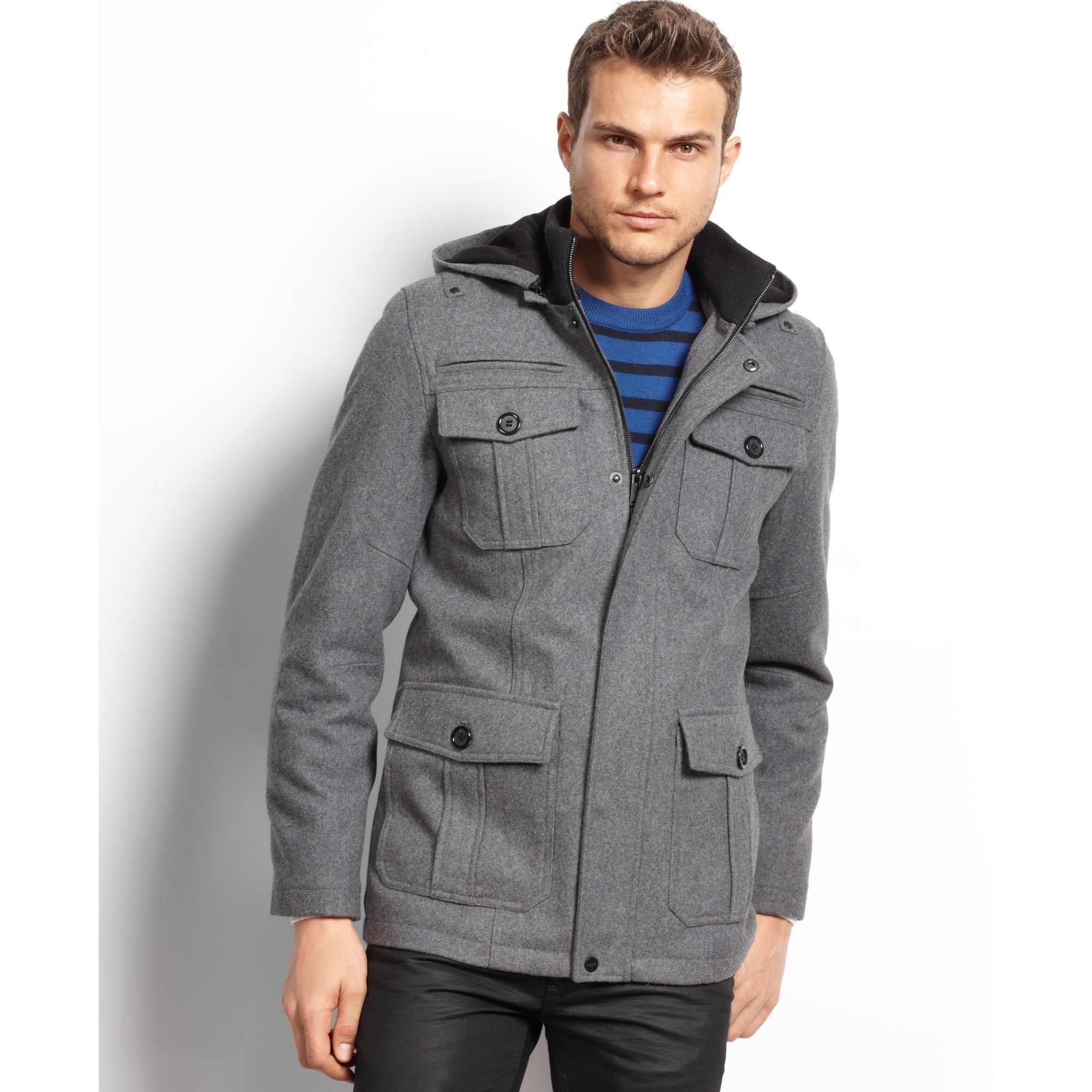 Lyst Guess Coats Military Style Hooded Pea Coat in Gray for Men