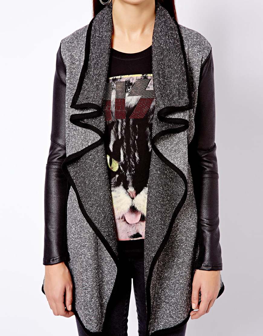 Lyst Asos Longline Waterfall Jacket With Leather Look Sleeve In Gray Gallery Women S Waterfall Jackets