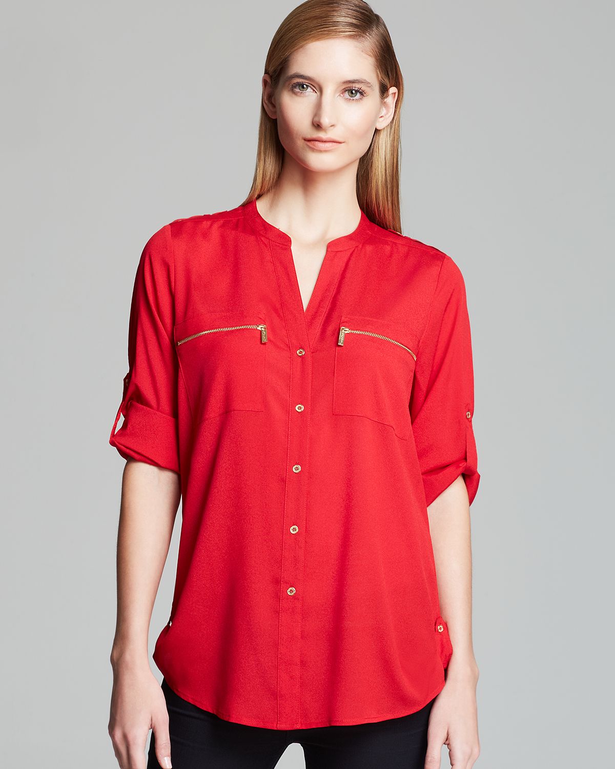 Lyst - Calvin Klein Zip Pocket Roll Sleeve Shirt in Red