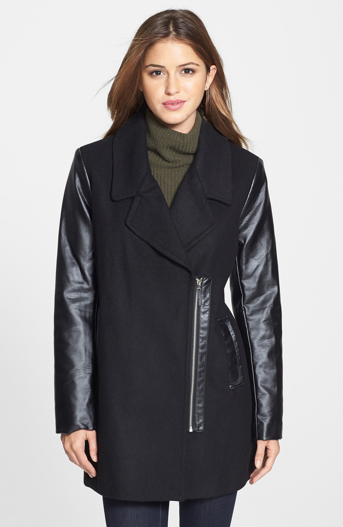 Kensie Faux Leather Sleeve Asymmetrical Coat in Black | Lyst