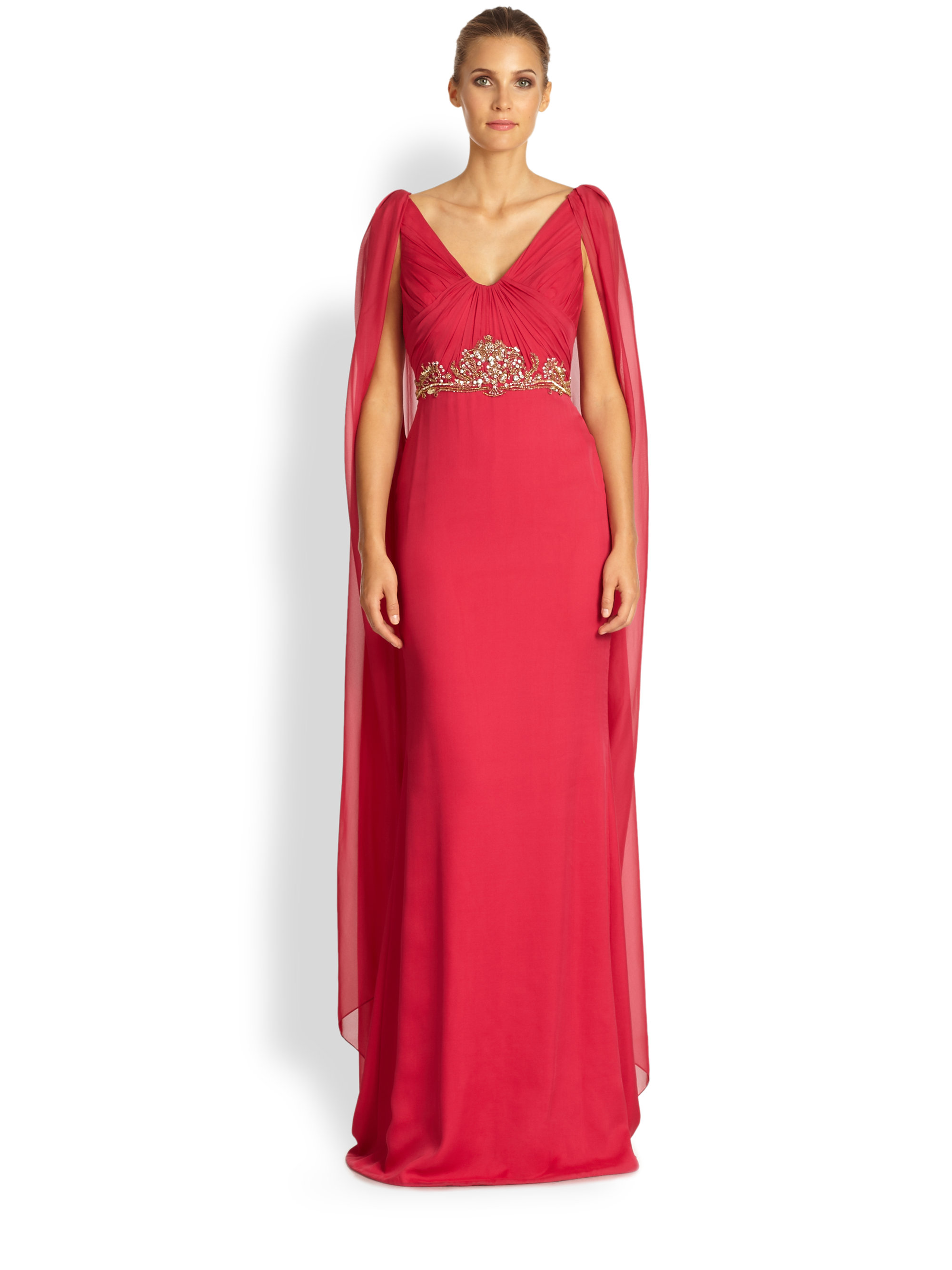 Lyst - Notte By Marchesa Silk Chiffon Caftan Gown in Red