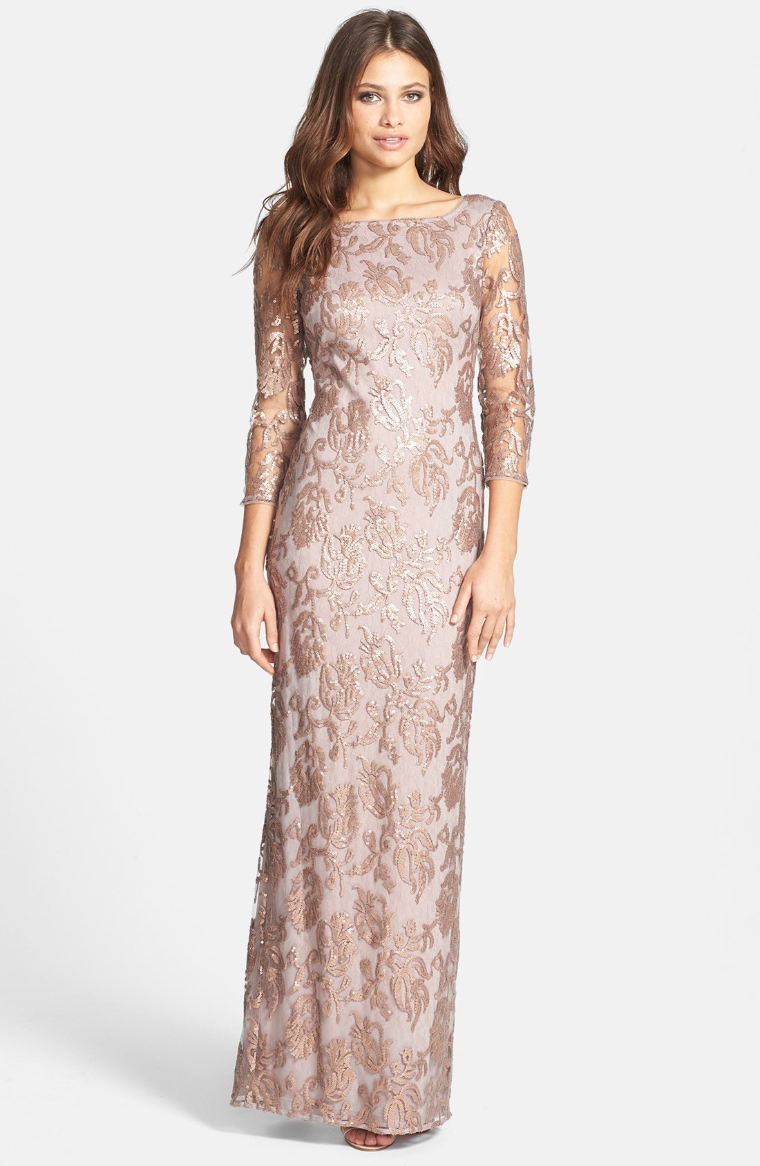 Adrianna Papell Sequin Embroidered Lace Column Gown in Pink (Buff) | Lyst