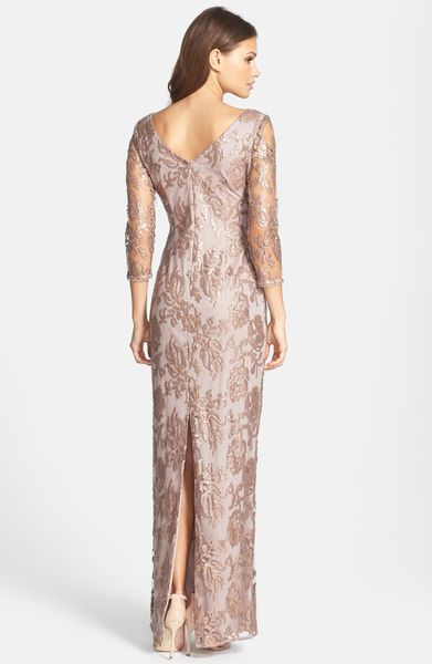 Adrianna Papell Sequin Embroidered Lace Column Gown in Pink (Buff) | Lyst