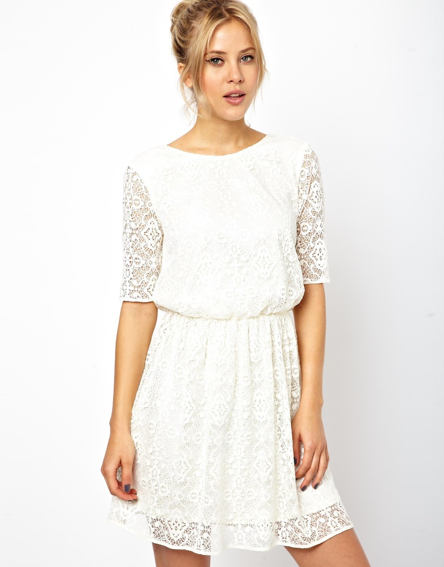 ASOS Mini Skater Dress in Lace with Wrap Back in White - Lyst