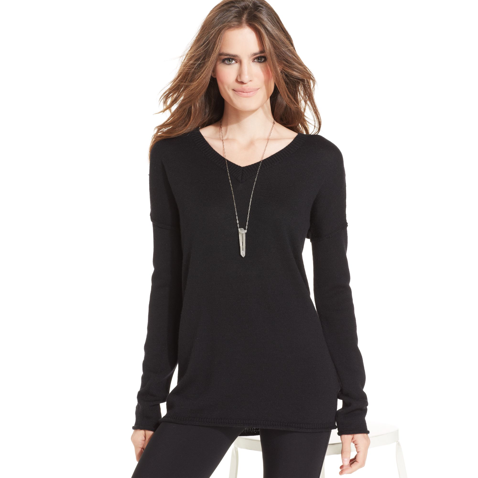 Calvin Klein Jeans V Neck Tunic Sweater in Black | Lyst
