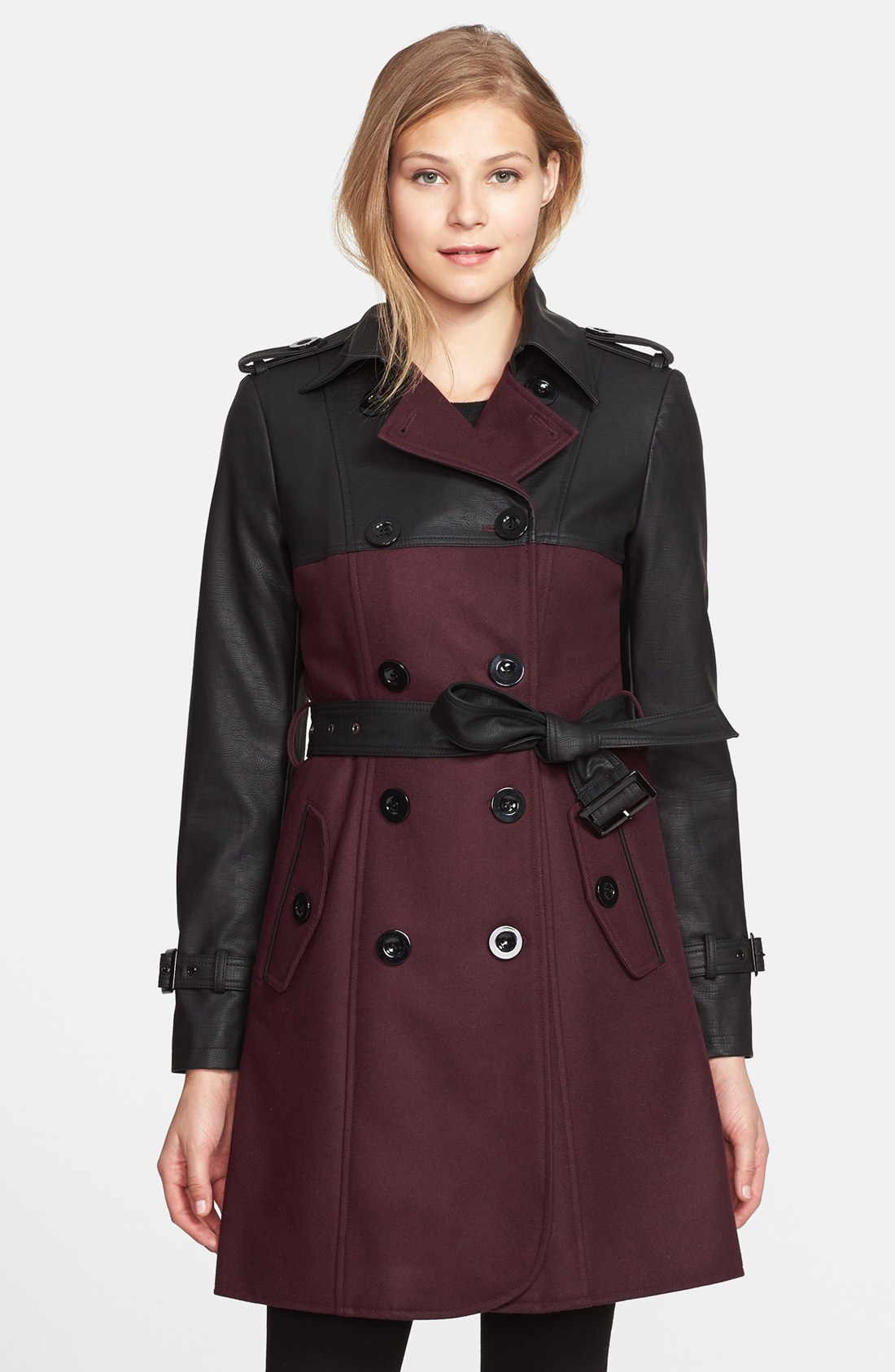 Gallery Faux Leather Wool Blend Trench Coat in Purple (Burgundy/ Black ...