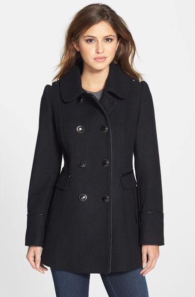 Kensie Double Breasted Wool Blend Coat with Faux Leather Trim in Black ...