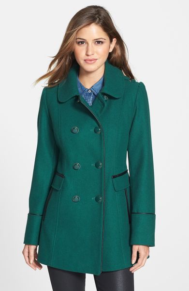 Kensie Double Breasted Wool Blend Coat with Faux Leather Trim in Green ...