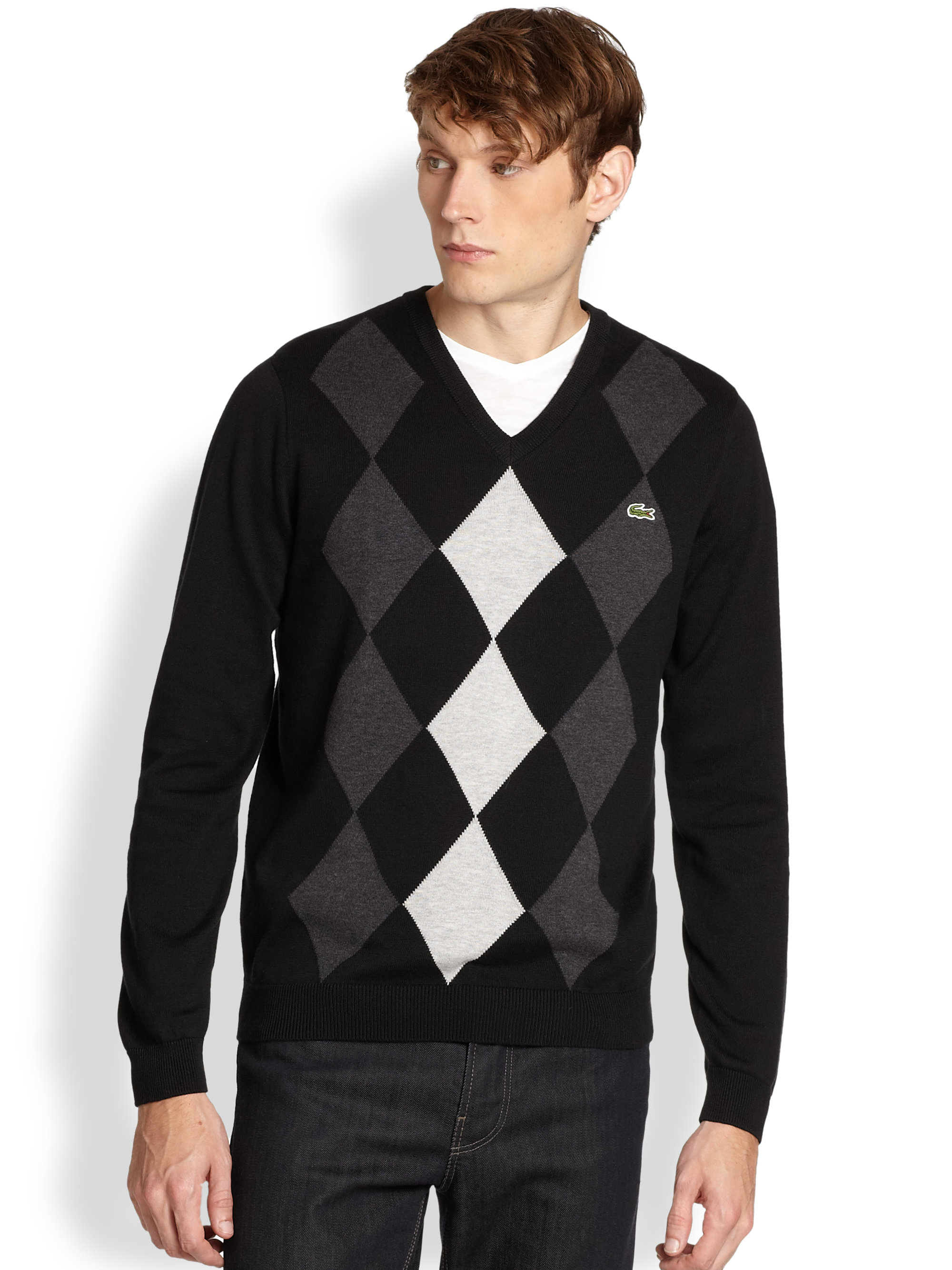 Lyst - Lacoste Argyle Cotton Sweater in Black for Men
