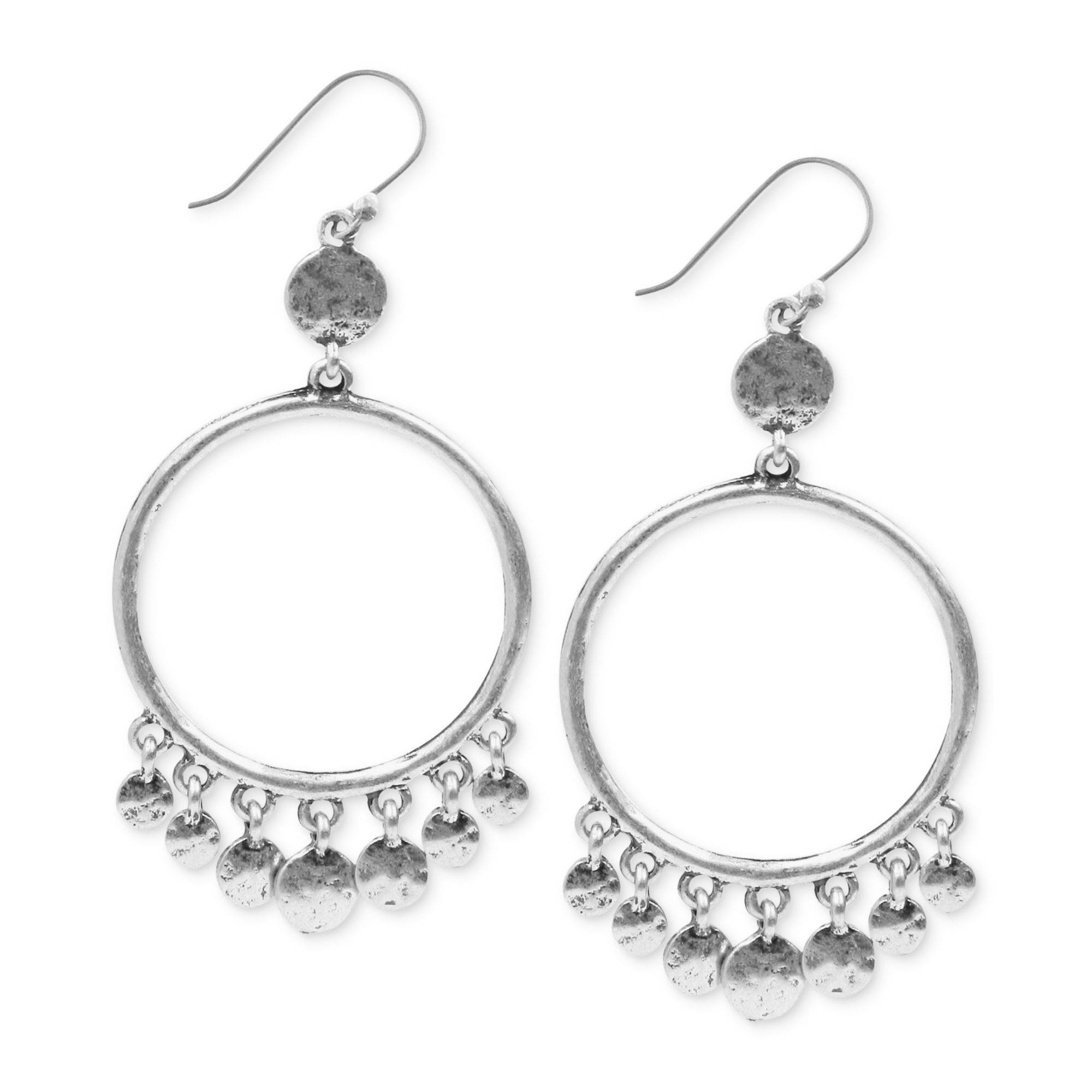 Lucky Brand Silvertone Hammered Disc Drop Hoop Earrings in Silver (No ...